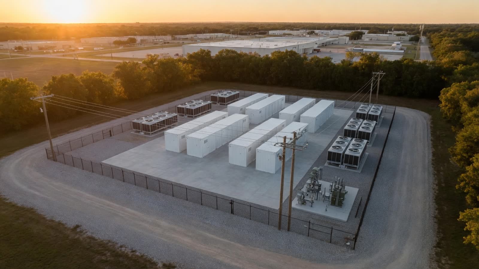 Aerial visualization of a planned Ananta compute site showing modules, external chillers, the security fence, and the utility pole line serving the access road.